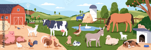 Farm domestic animals, livestock at countryside barnyard. Farmyard, rural landscape with country fauna. Cow, horse, poultry, pig and goat at barn yard in village ranch. Flat vector illustration