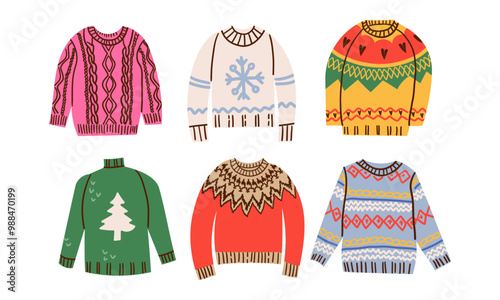 Set of traditional ugly or cute Christmas sweaters. Funny holiday clothes with different cute prints and ornaments for autumn and winter design.