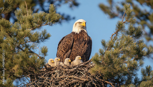 Adult bald eagle standing guard over young eaglets in nest