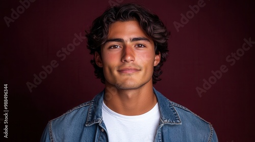 Young latino man smiling on a red background