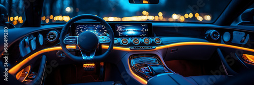 Modern luxury car interior with ambient lighting at night