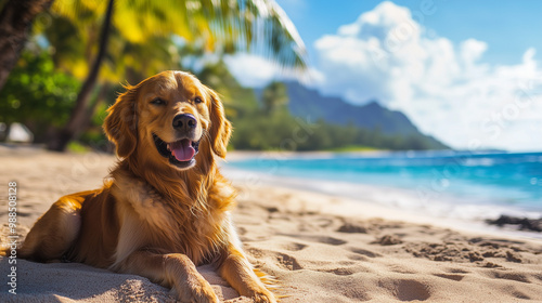 Uroczy złoty retriever wyleguje się na piaszczystej plaży otoczony błękitnym morzem i palmami.