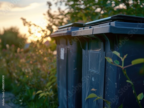 A black recycling bin at sunset with the glow of light pollution in the background.