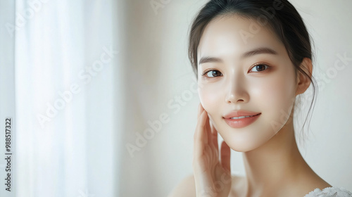 Asian Beauty Model with Fresh Dewy Skin Applying Makeup in a Minimalist Room with Elegant Design and Neutral Tones