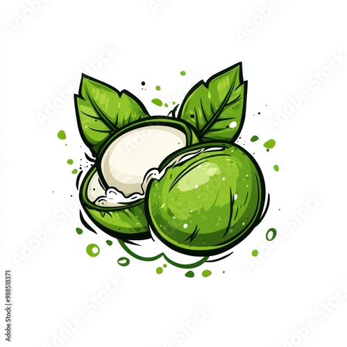 A cartoon illustration of a green coconut with leaves, half of the coconut is broken open revealing the white coconut meat and some coconut water.