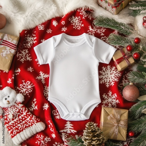 Flat lay baby bodysuit mockup, top front view. Toddler, infant Christmas outfit mock up. White body suit laying on xmas blanket, with holiday attributes background. Baby cloth for newborns, blank tee 