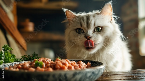 Hungry fluffy cat licking its lips looking at food bowl