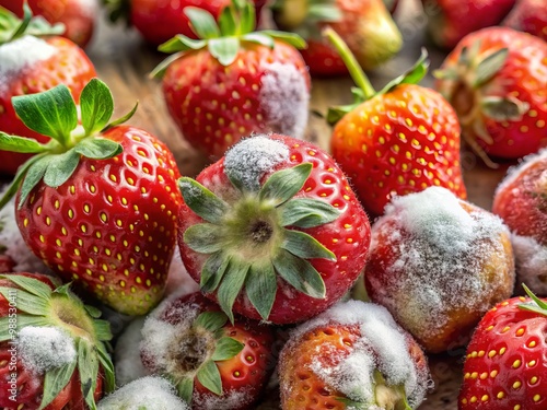 * The strawberries, once plump and ripe, now display a white, fuzzy infestation on their decaying surfaces, a