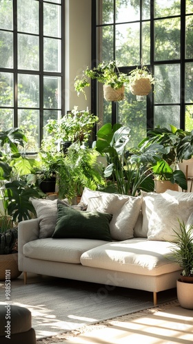 A modern living room filled with lush potted plants like monsteras, ferns, and succulents, sunlight streaming in through large windows