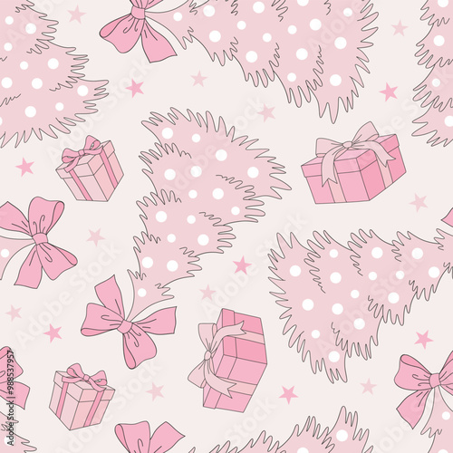 Cute Pink Girlish Xmas tree vector seamless pattern. Coquette Christmas background.