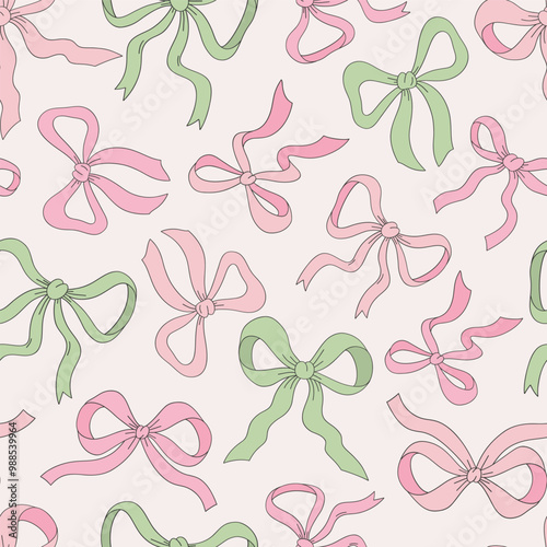 Cute Xmas ribbon bows vector seamless pattern. Coquette Christmas background.