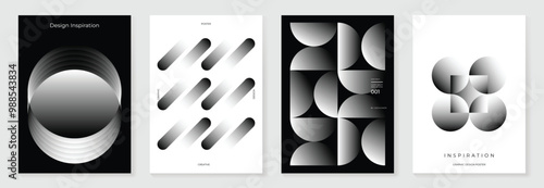 Abstract monochrome gradient poster background vector set. Modern cover template with black and white perspective geometric prism shapes. Ideal design for social media, banner, ads.