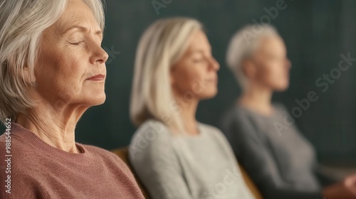 Seniors sitting in chairs, doing breathing exercises with eyes closed in a group yoga class, Elderly group, chair yoga, breathing exercises