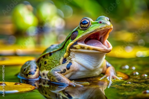 With a throatful of air, the young frog unleashes a sonorous croak, his mouth stretched wide in a