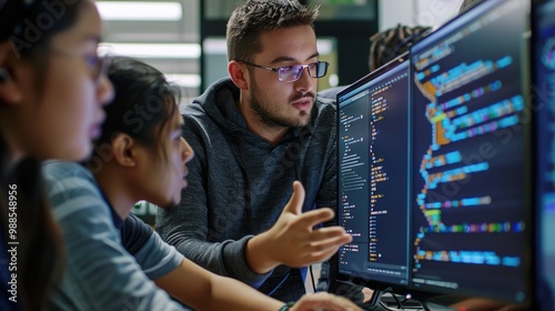 A tech mentor explaining complex coding concepts to a group of eager students, with computer screens displaying intricate code.