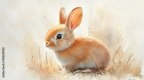 Adorable fluffy rabbit in soft hues, nestled in grass, capturing the essence of innocence and nature's beauty.