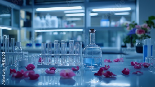 Modern laboratory with floral samples and glassware for perfume production. Concept of fragrance creation, botanical research, and luxury scent development.