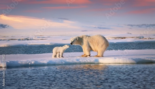 Polar bear with cub on an icefield in Svalbard. 