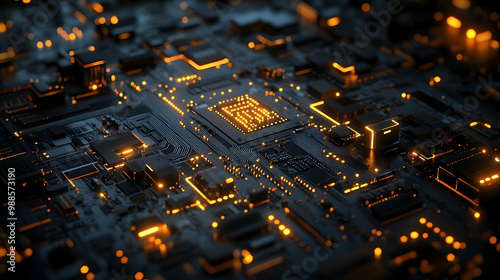 Abstract view of a circuit board with glowing lights, showcasing intricate electronic pathways and connections.