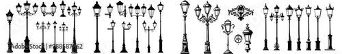 Vintage streetlights, streetlamps, and lampposts, sideways streetlight pillars, lantern poles, and city illumination lamp posts.