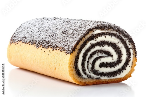 Poppy Seed Swiss Roll, Round Sponge Cake Isolated, Sliced Rolled Vanilla Biscuit with Poppy Seeds Filling