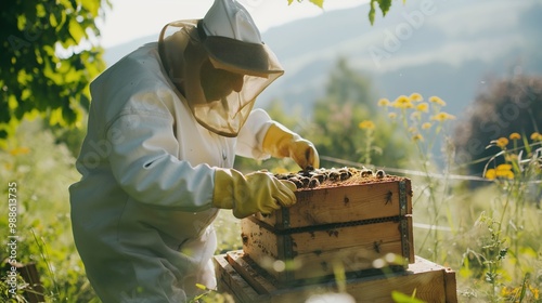 Beekeeper in protective suit works with bees and hives in apiary. Honey and bee. Bees on honeycombs. Cell with honey and bees. Beekeeping. Apiary. Wooden hive and bees.