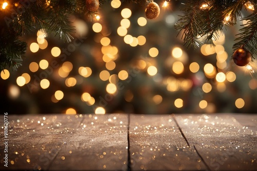 Glittering Christmas holiday background with empty wooden table in front with generative ai