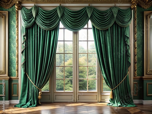 Luxurious emerald velvet drapes elegantly frame a window, their soft folds and rich texture creating a warm, inviting