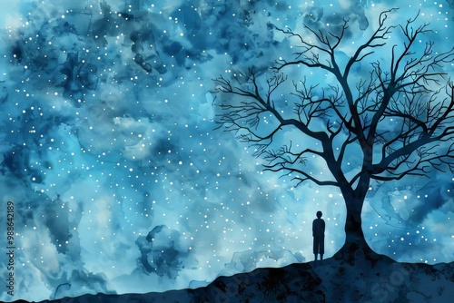 Lone Figure Contemplating Universe Under Vast Starry Night Sky Watercolor Style With Silhouette