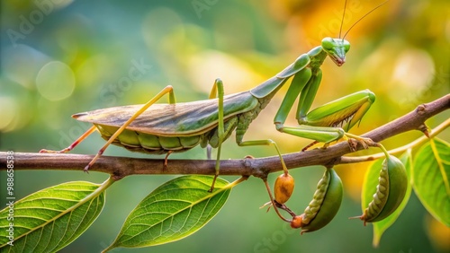 Wrapped snugly around a twig, the praying mantis cocoon assumes the guise of a twig itself, shielding its