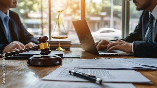 Lawyers Reviewing Documents with Gavel and Laptop - Illustration