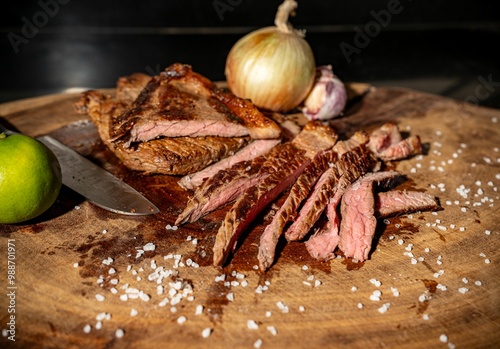 Sliced grilled steak with knife and vegetables on wooden board