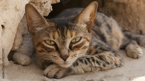 Tabby Cat Resting Near Wall