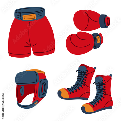 A set of flat boxing accessories for training. Boxing gloves, helmet, shorts, boots. A collection of sports items in red, blue, and yellow colors. Isolated objects on white. Clothes