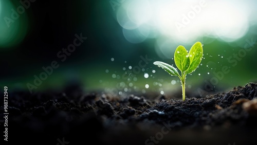 Photo of water drop on newly planted sprout, close up shoot.