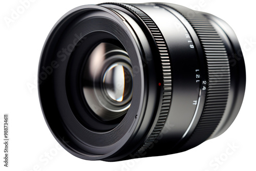 Close-up shot of a camera lens with a sleek black exterior, positioned centrally on a clean white background