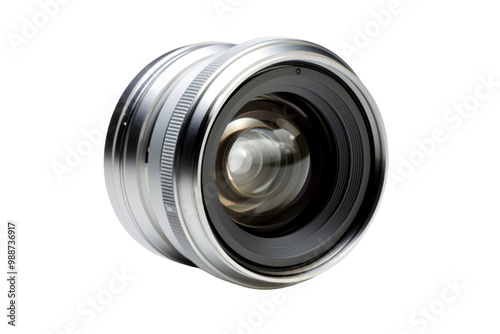 High-resolution photograph of a camera lens, emphasizing its metallic body and glass elements, displayed on a minimalist white background.