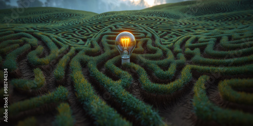 A glowing lightbulb sits at the center of a sprawling, green maze, symbolizing an idea or solution within a complex problem