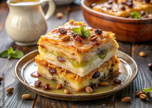 Flaky phyllo layered with sweet milk, sugar, and raisins, soaked in a sticky syrup, a rich and indulgent dessert from Egypt.