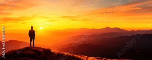 A figure standing on a hilltop under a rising sun, gazing at a clear horizon, symbolizing hope and a visionary new beginning new beginnings, hope vision