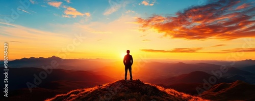 A figure standing on a hilltop under a rising sun, gazing at a clear horizon, symbolizing hope and a visionary new beginning new beginnings, hope vision