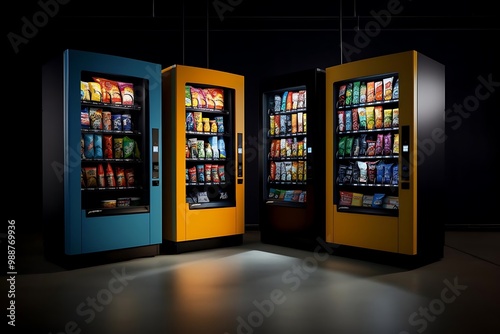 A display of colorful vending machines filled with various snacks and drinks.