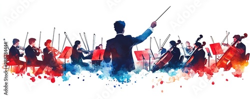 A conductor leading a symphony orchestra, dynamic movement, traditional illustration, isolated on white background