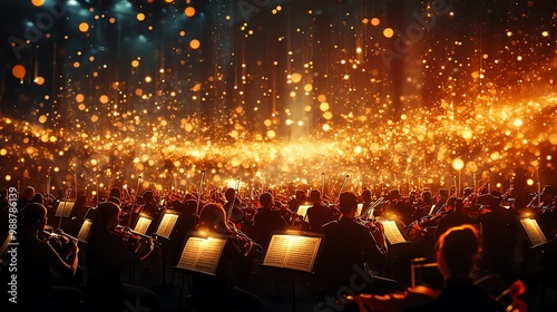 A grand symphony orchestra performing a dramatic piece, vibrant music notes flowing through the air like visible sound waves Symphony, Classical Music, Concert, Dramatic