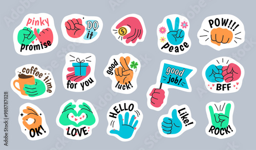 Comic hand gesture stickers. Pinky promise, crossed fingers and BFF brofist decals. Hands holding flag, gift, coffee and coin. Multicolored peace, ok, rock and like gestures hand drawn vector set