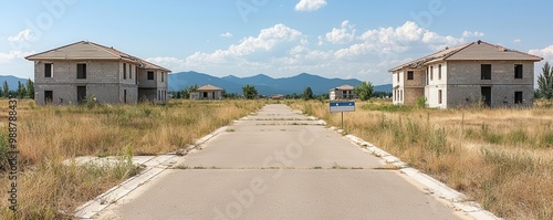 Abandoned housing development with unfinished homes and foreclosure signs, symbolizing the collapse of the housing market real estate crash, mortgage failure