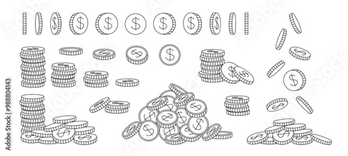 Doodle coins. Hand drawn coin rotation animation, stacks and piles of coins with dollar sign. Money savings, cashback and investment vector illustrations set