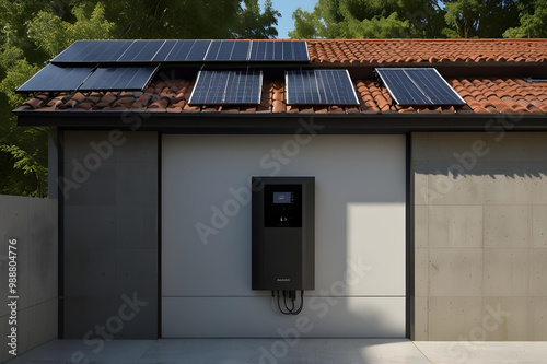 Eco-Friendly Home EV Charging Station with Battery Storage System. Sustainable Energy, Residential Technology.