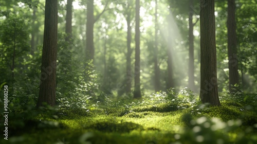 Tranquil European Forest with Sunlight and Ancient Trees