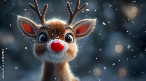 Cute Reindeer Illustration with Red Nose and Snow